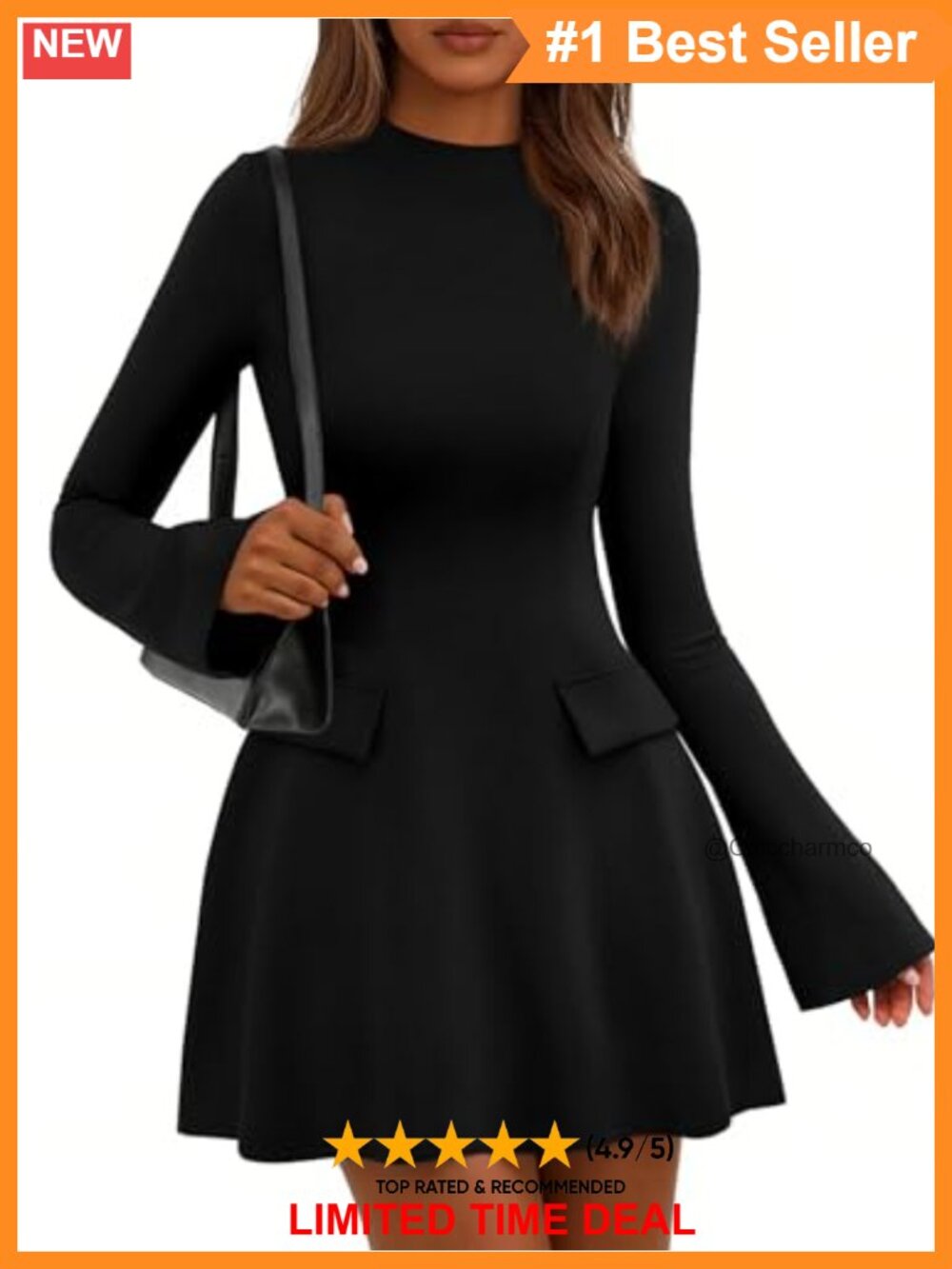 Bell Sleeve Mock Neck Bodycon Mini Dress A Line Party Cocktail